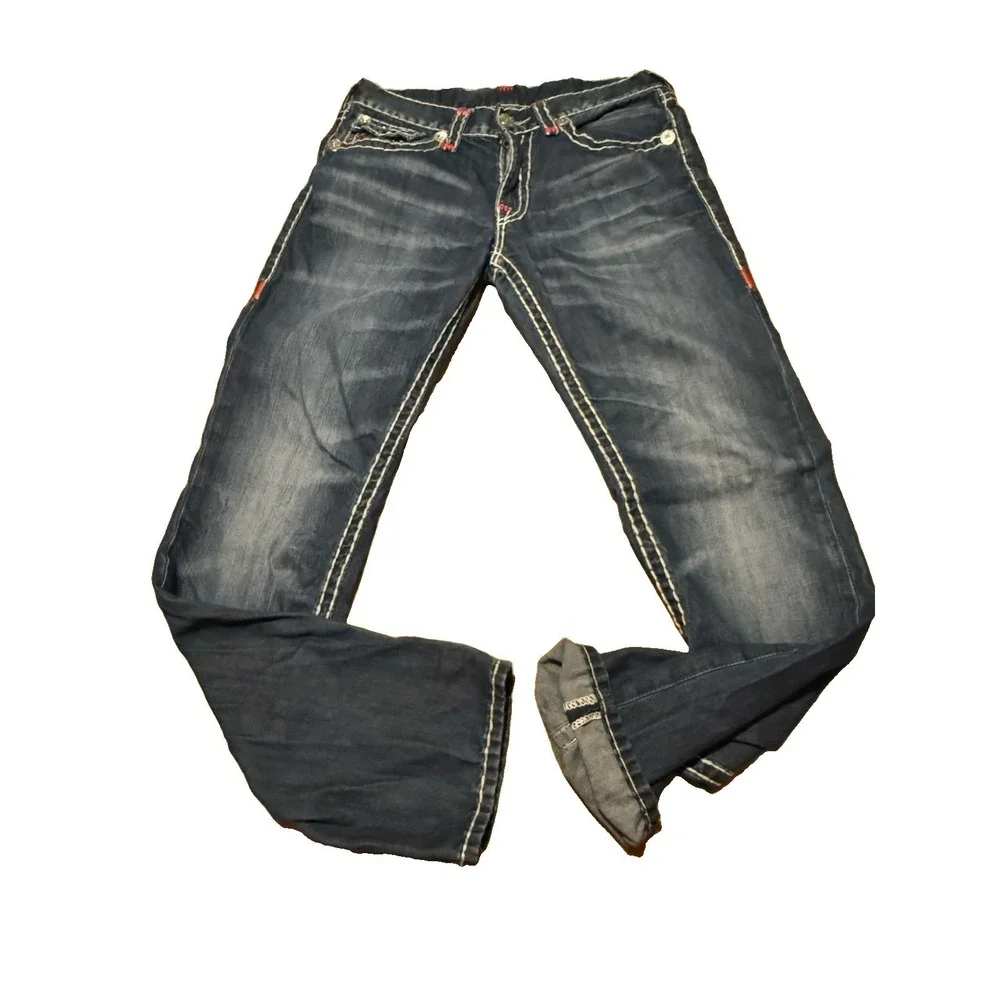 True Religion Jeans 33x32 Thick Stitch Distressed Red White Stitch Flap Pocket